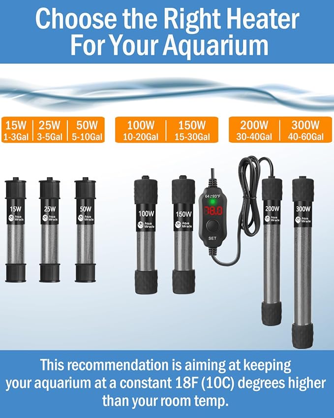 AquaMiracle Aquarium Heater 150W Fish Tank Heater for 15-30 Gal Tanks, LED Digital Display Thermostat Turtle Heater with Out-of-Water Auto Shut-Off, Overheat Protection & Memory Function