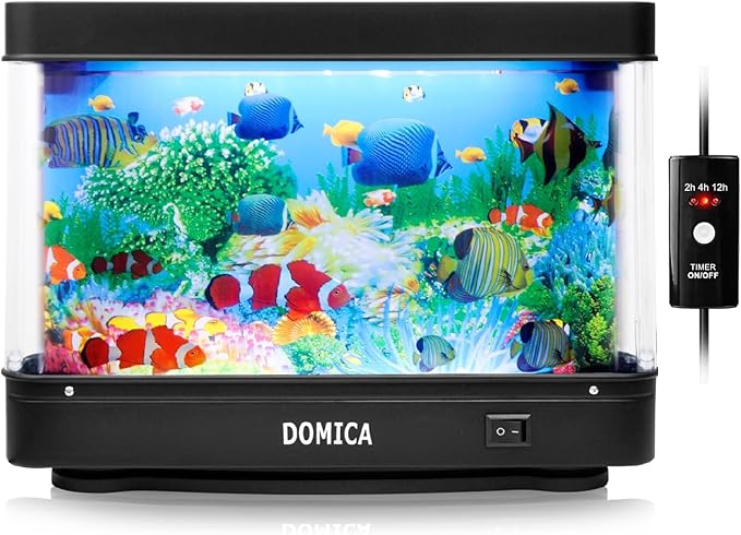 Fake Fish Tank with Moving Fish, Decorative Aquarium Lamp (Auto 2/4/12H Shutdown Timer), Artificial Tropical Marine Tank, LED Mood Light Office Table Light, Fun Gifts