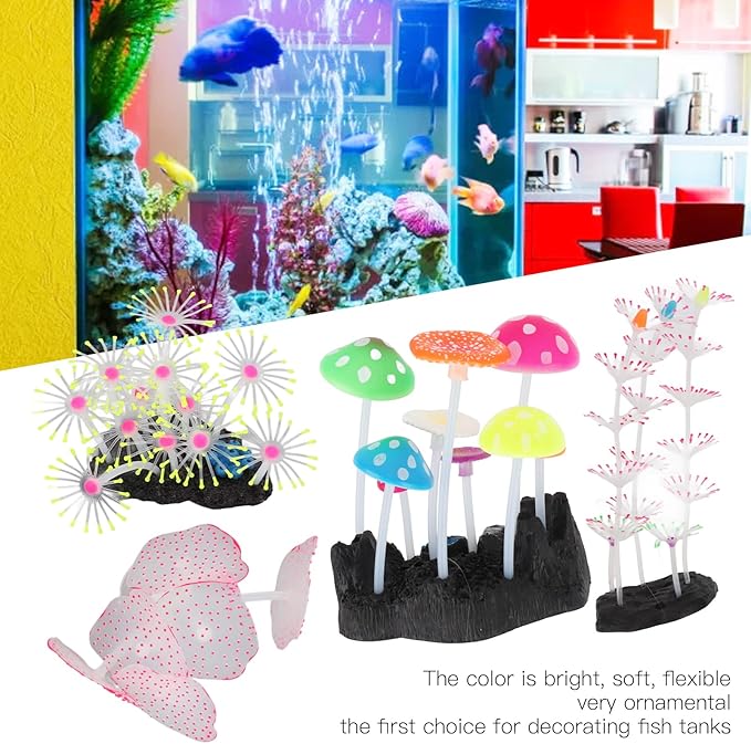 BEIJIALY 5Pcs Aquarium Ornament Glowing Silicone Simulation Aquarium Mushroom Coral Decoration for Fish Tank Aquarium, Silicon Glow Aquarium Plants Ornaments Kit