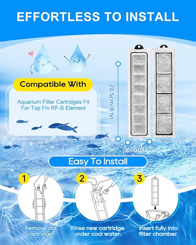 12 Pack Filter Cartridge Compatible with Top Fin RF-S Filters Cartridge, Upgraded RF-S Fish Tank Filters Compatible with Top Fin Filter Cartridges, Activated Carbon & Zeolite for Clean Water