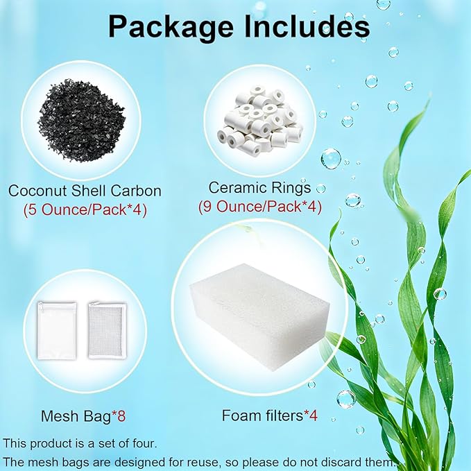 4 Set Three-Stage Filtration Maintenance Kit, Replacement for AquaClear 70 Power Filter - Bio Foam, Activated Carbon & Ceramic Rings for 40-to-70-Gallon Aquariums