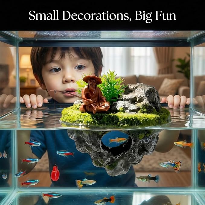 Floating Aquarium Decor with Interactive Fish Feeding Hook, Fish Tank Decorations for Betta, Guppy & Shrimp, Safe ABS Material Floating Fish Tank Decor, 3D Old Man
