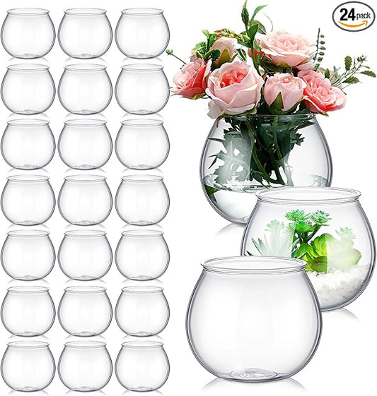 FoldTier 24 Pcs Plastic Fish Bowls for Centerpieces 27 oz Clear Fish Bowl for Drinks Unbreakable Heavy Duty Round Vase for Table Centerpieces Wedding Event Home Decor