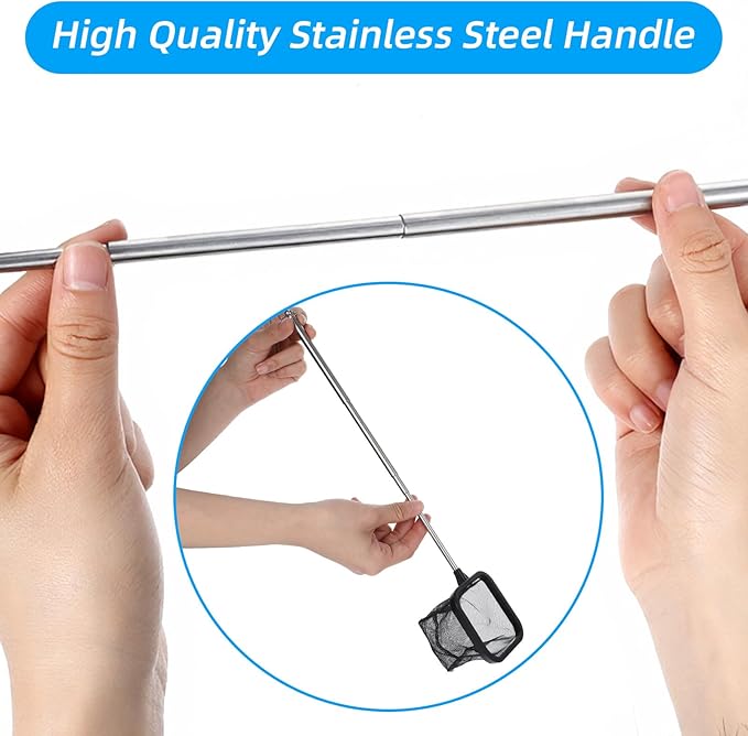 Aquarium Shrimp Net, 3 PCS Small Fish Nets for Fish Tank with Long Extendable Stainless Steel Handle, 3.15 Inch Round+Square Fine Mesh Net for Fishes Shrimp Tank Pond Creek Food Residue Debris