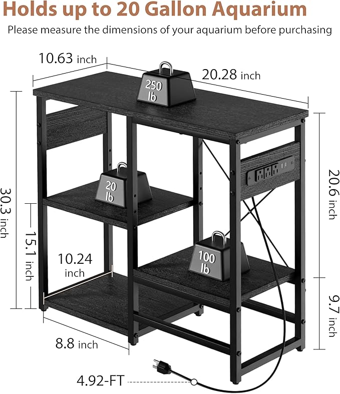 GRLEAF 5-10 Gallon Fish Tank Stand with Power Outlets, 4 Tier Metal Aquarium Stand with Wood Storage Shelves, 20.3" L x 10.6" W x 30.3" H Turtle Reptile Fish Tank Table Aquarium Table - Black
