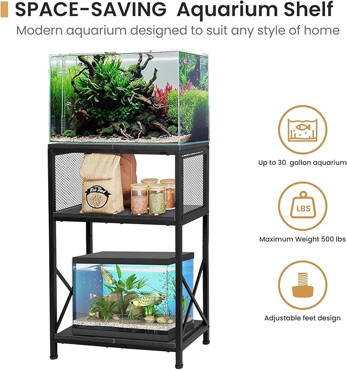 SwaaVee 10 Gallon Fish Tank Stand, Heavy-Duty 3-Tier Metal Storage Cabinet, Rustic Brown Aquarium Stand for Fish, Turtle & Reptile Terrariums (Rustic Black)