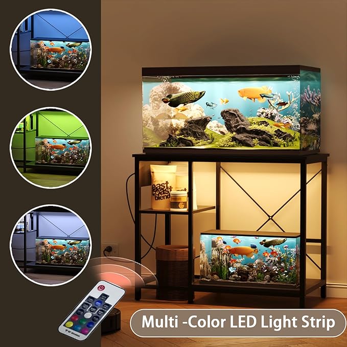 BEURUKU 40-50 Gallon Fish Tank Stand with Power Outlet & LED Light, Metal Aquarium Stand with 3 Tier Adjustable Storage Shelves, Tank Stand for Reptile Tank, Turtle Tank, 36" L*18.5" W, Black