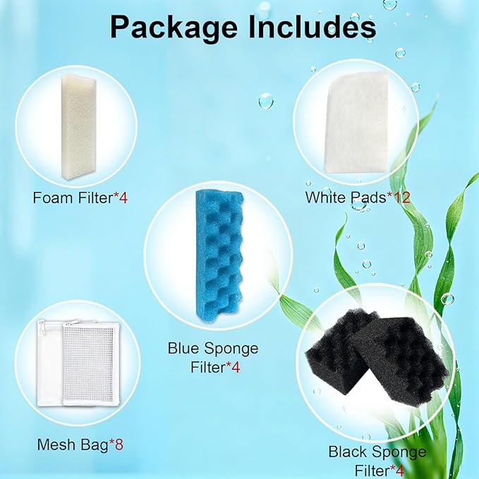 46-Pack Aquarium Maintenance Media Kits Replacement for Fluval 306/307 Performance Canister Filter, Includes Nitrite-Absorbing Filter Pad/Phosphate-Absorbing Filter Pad/Ammonia-Absorbing Pad