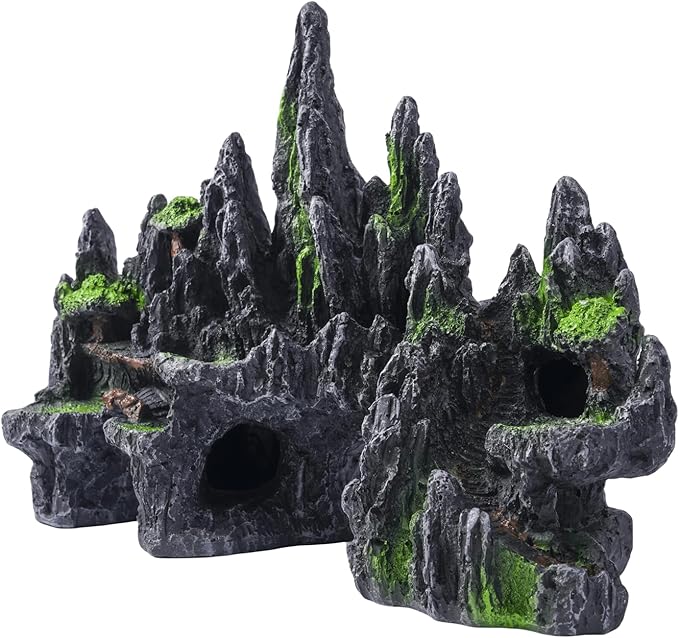 Large Fish Tank Decorations - Mountain View Aquarium Ornament with Tree House Cave Bridge,Large