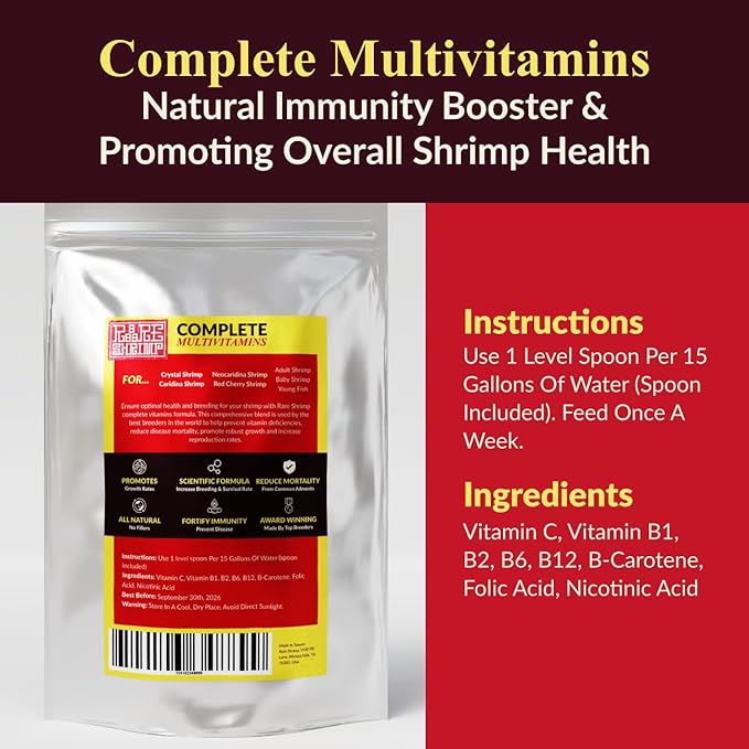 Professional Shrimp Multivitamin Complex - Premium Immunity & Molting Support - Taiwan Breeder Formula with B12, Vitamin C & Folic Acid (35g/1.23oz) for Crystal, Caridina, Cherry, Neocaridina Shrimp
