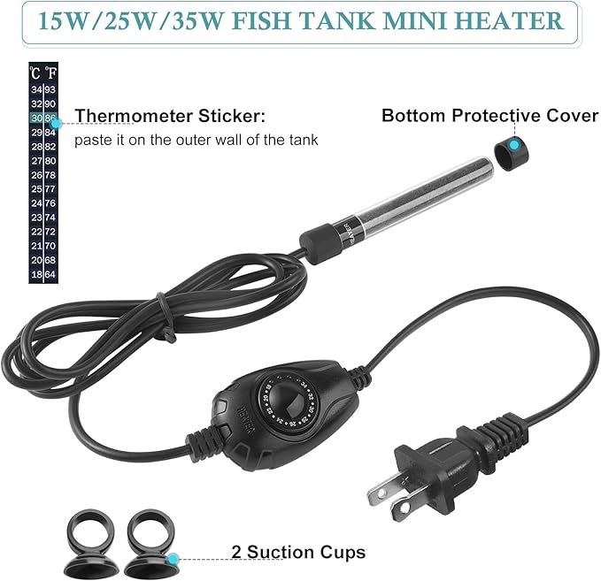 HITOP 15W Super Mini Aquarium Heater: Adjustable Heater for Small Fish Tank 1-4Gallons, with External Controller, Betta Heater for Fish Bowls(15W)