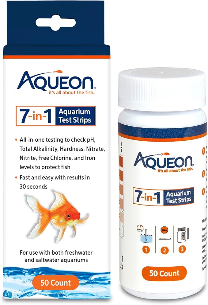 Aqueon 7-in-1 Aquarium Test Strips, Fast Results for pH, Total Alkalinity, Hardness, Nitrate, Nitrite, Free Chlorine and Iron Levels, for Freshwater and Saltwater, 50 Count