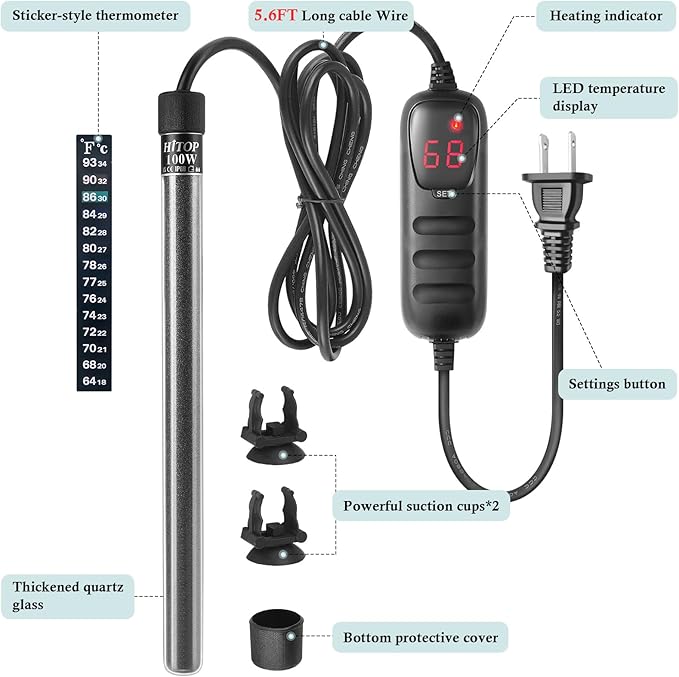 HITOP Compact Submersible Aquarium Heater -100w Digital Heater for Fish Tank Turtle Tank, for Saltwater and Fresh Water with Temperature Controller