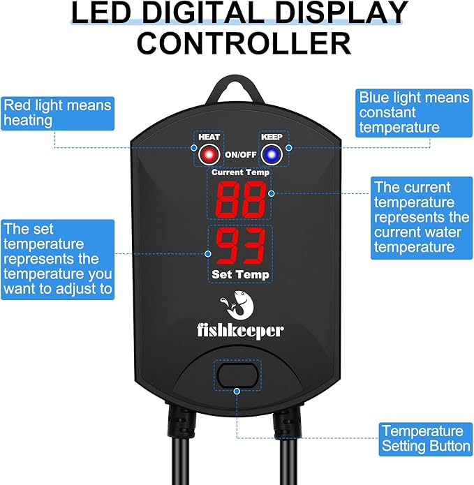 fishkeeper Aquarium Heater, 500 W Adjustable Fish Tank Heater with Digital Display Controller, Submersible Water Heater with Thermostat Over-Temperature Protection for Saltwater Freshwater 66-132 Gal