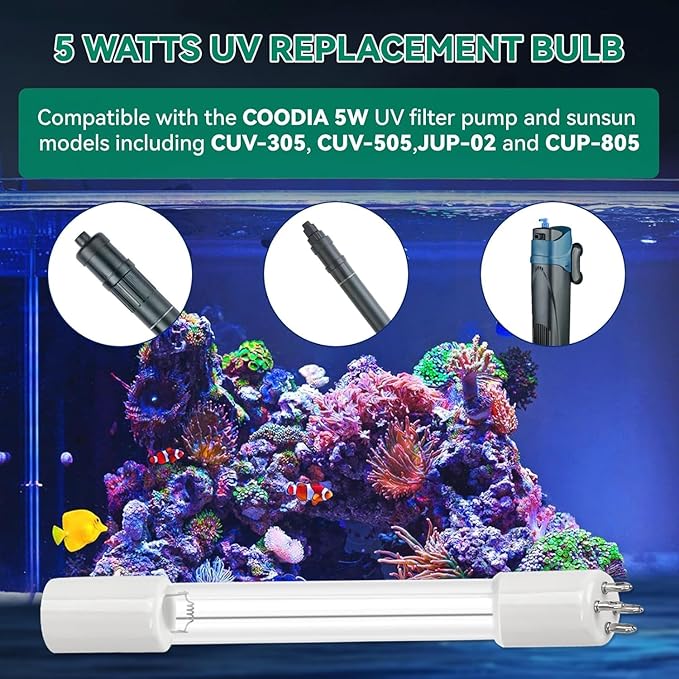 Replacement UV Bulb 5W, Compatible with COODIA 5W UV Filter Pump and Sunsun CUV-305, CUV-505, JUP-02 Filter, Replacement for UVC Aquarium Light