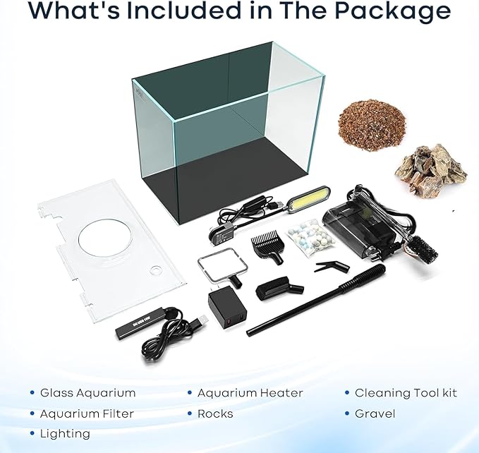 3 Gallon Small Fish Tank Glass Aquarium Set, Starter Kit with Heater Water Pump Cleaning Filter Bright Light Rocks Gravel Cleaning Tool, Leak-Proof Clear Rimless Desktop Spaces Saving Betta Fish