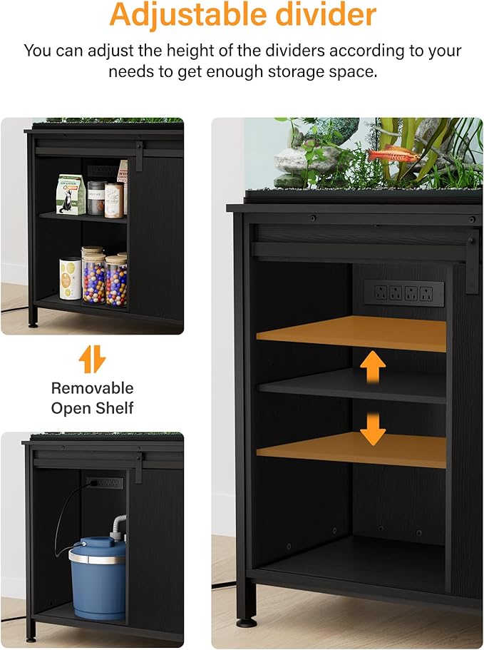 55 Gallon Fish Tank Stand, Large Aquarium Stand with Accessories Storage, Double Tankl Stand, Metal Frame Reptile Tank Table, 850LBS Capacity (Black, 55-75 Gallon)