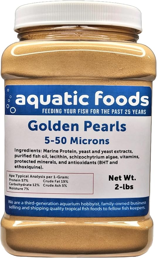 Golden Pearls 5-50 Microns, Powder for New Fry, Babies of Shrimp, Axolotls, Discus, Cichlids, Catfish, Tetras, Angel Fish, Guppies, Bettas, Goldfish, Corals, Reefs…2-lb Med Jar