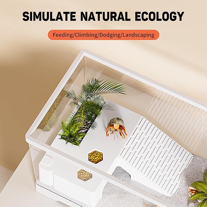 Turtle Fish Tank with Basking Platform and Bottom Drainage, 11.8" x 7" x 7.3" Aquatic Turtle Tank for Juvenile Turtle, Crayfish, Crabs, Amphibians, Reptiles, PC Material, White Color