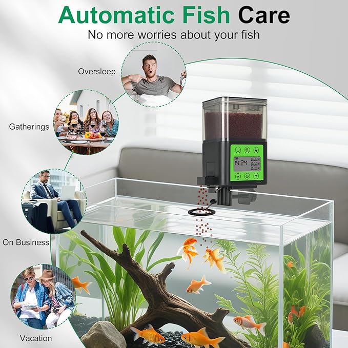 Lychee Automatic Fish Feeder USB Rechargeable 320ML Large Capacity Aquarium Fish Food Dispenser with Two Feeding Ring, Moisture-Proof-Aquarium Electric Timer Feeder for Vacation Business Trips