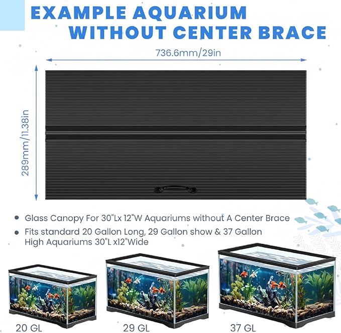 Sieral Aquarium Lids Polycarbonate Greenhouse Panels Canopy with LED Light 29 x 11.38 x 0.12 Inch for 20/29/37 Gallon Without Center Brace Aquariums Cover Fish Tank Lid (Black)