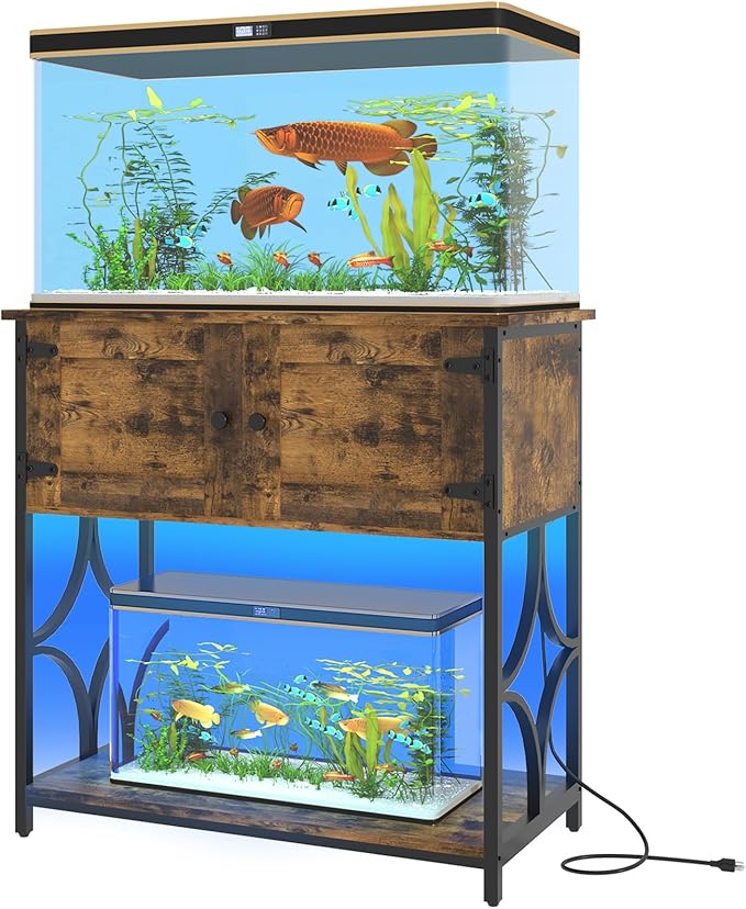 20-29 Gallon Fish Tank Stand with Power Outlets & LED Light, 330LBS Capacity, 20 Gallon Aquarium Stand with Storage, Metal Fish Tank Stand for Turtle Tank, 30.7" L*15.7" W Tabletop, Brown