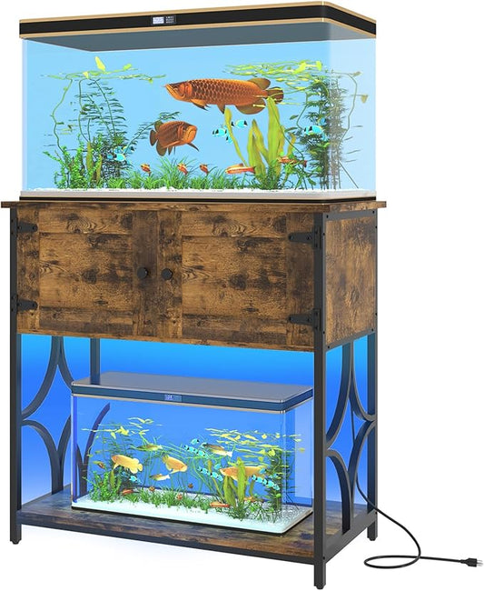 20-29 Gallon Fish Tank Stand with Power Outlets & LED Light, 330LBS Capacity, 20 Gallon Aquarium Stand with Storage, Metal Fish Tank Stand for Turtle Tank, 30.7" L*15.7" W Tabletop, Brown