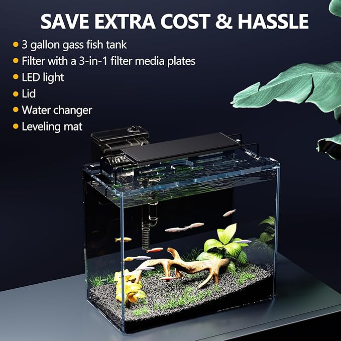3 Gallon Fish Tank Aquarium Kit with Heater, HOB Filter, LED Light with Timer, Lid, Siphon Vacuum Cleaner, Self Cleaning Glass Rimless Betta Tank