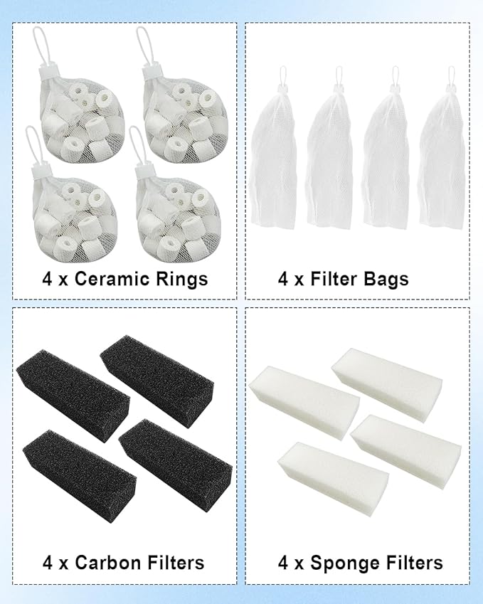OCHIKI 4 Sets Aquarium Tank Filter Maintenance Kit Fit for AquaClear 110, Three-Stage Filtration Tank Carbon Filter & Foam Filter & Ceramic Rings & Bags for 60 to 110 Gallon Aquariums