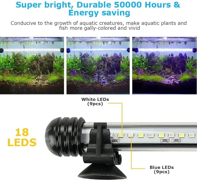 Aquarium Light for Fish Tank,Auto on/Off Submersible White and Blue Aquarium Plant Light with Timer and dimming Function (7.5 inch （Timer & Dimming Function)