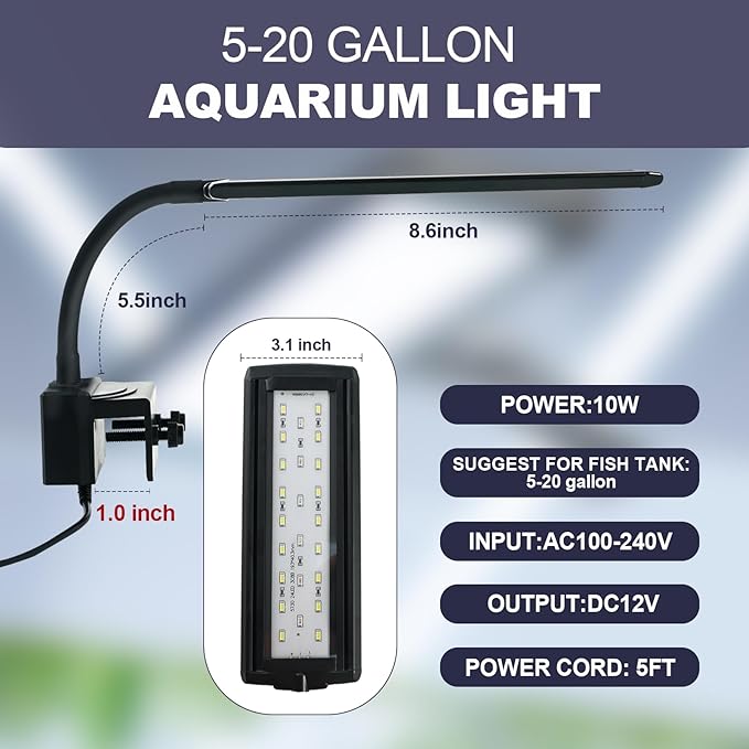 Clip on Aquarium LED Light,Fish Tank Light for 5-20 Gallon,with Timer Auto On/Off 24-Hour Cycle, White Blue Red LEDs Lighting Built-in 5 Brightness Levels Memory Function
