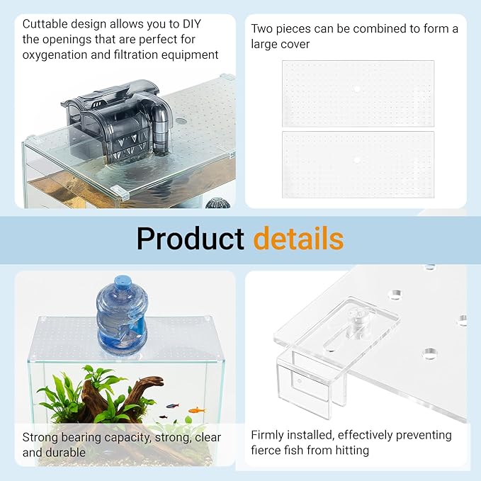 Colingmill 2 Pcs Aquarium Acrylic Fish Tank Lid Covers for 20/29/37 Gallon, 29 X12 in Glass Cuttable Canopy Top Net, Anti-Jump Net with Clips (Each 29 x 12 x 0.1in)