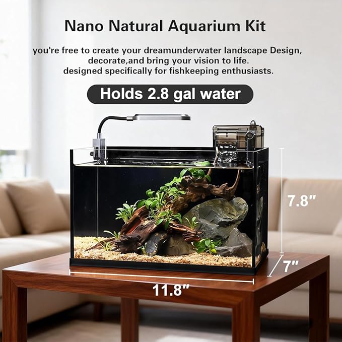 Glass Fish Tank Kit,2.8 Gallon Fish Tank,Small Aquarium, Ultra-Clear Nano Aquarium,Betta Fish Tank,Small Fish Tank,Aquarium Starter kit,Desktop Fish Tank,with Light and Filter