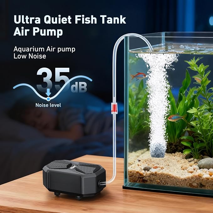 hygger Aquarium Air Pump, Ultra Quiet Oxygen Aerator with Air Stone Airline Tubing Check Valve, Aquarium Fish Tank Air Bubbler for 3 to 79 Gallon Tank and Bucket
