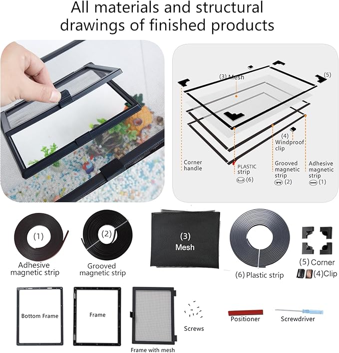Magnetic Fish Tank Cover Net Aquarium Lid Mesh Top Hood Cut to Any Size Ventilation Transparency Anti-Jumping Aquarium Cover with Feeding Window(39"X19")
