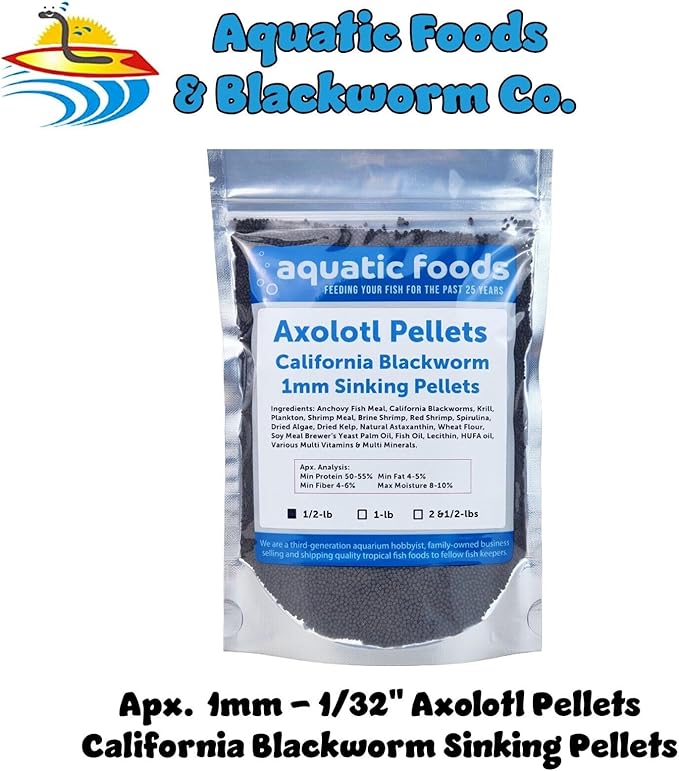 Axolotl Blackworm Pellets. 1mm-1/32 Sinking California Blackworm Micro Pellets for Baby Axolotl, Frogs, Shrimp, Salamanders, Newts, Snails…1/2-lb Pouch Bag