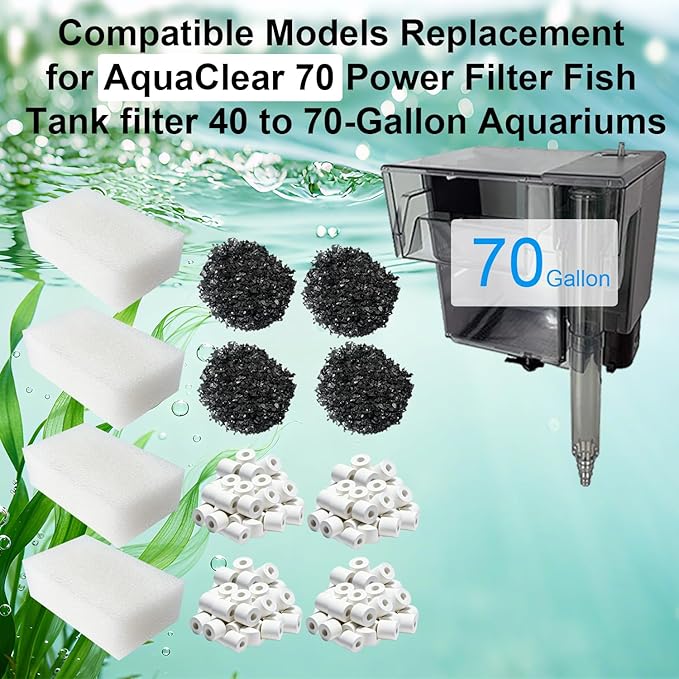 4 Set Three-Stage Filtration Maintenance Kit, Replacement for AquaClear 70 Power Filter - Bio Foam, Activated Carbon & Ceramic Rings for 40-to-70-Gallon Aquariums