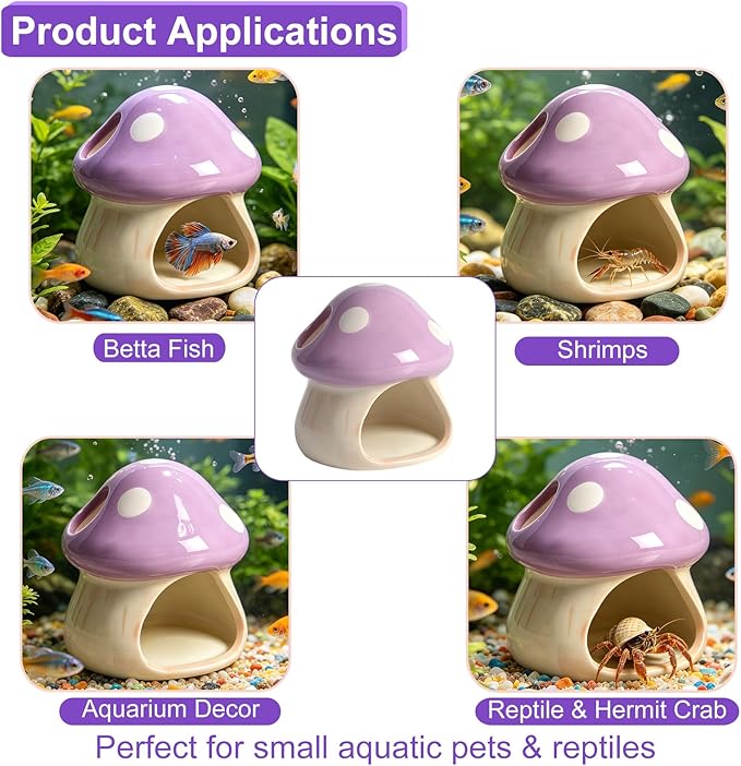 Ceramics Mushroom House Aquarium Decor – Axolotl & Betta Hiding Cave with Breeding Spot for Betta Fish, Shrimp, Small Fish & Goldfish Tank Ornament - Purple