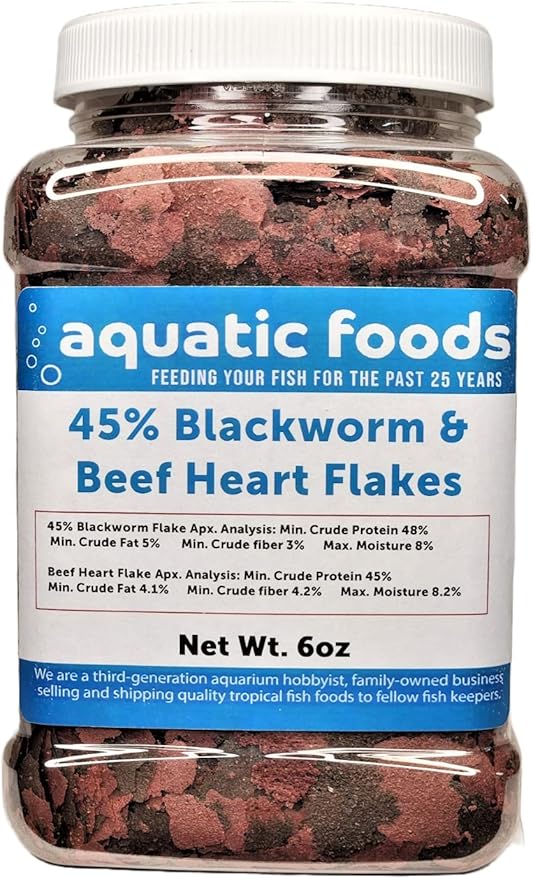 45% Blackworm Flake & Beef Heart Flake Mix for Discus, Cichlids, All Tropical Fish. Aquatic Foods Premium Flakes…6oz Med Jar