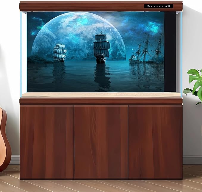 Ocean Blue Planet Aquarium Background Splendid Aurora Deep Sea Sailing Ships Fish Tank Background Night View Seascape Ancient Adventure Pirate Ship Terrarium Backgrounds for Home Tank Decors 36x24in