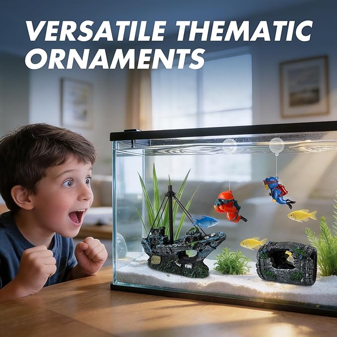 4PCS Fish Tank Decorations Set – Resin Shipwreck & Barrel with 2 Floating Diver Figurines, Aquarium Decor Ornaments for Betta Fish Goldfish Shrimp, Safe Hideouts Decor for Small Tanks