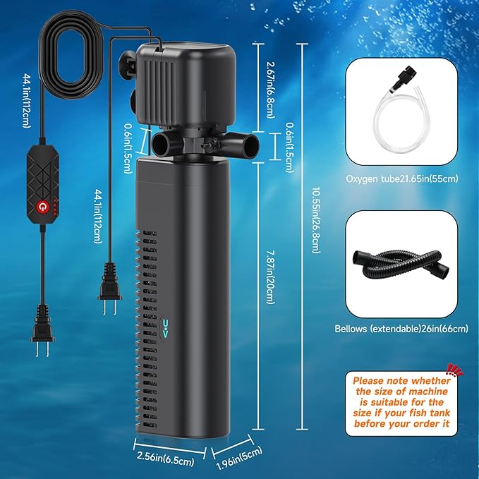 Aquarium Filter with UV, 450GPH for 40-150 Gallon Tanks, Submersible with Timer for Crystal Clear Water in Aquarium, Pond, Turtle Tank（25W ）