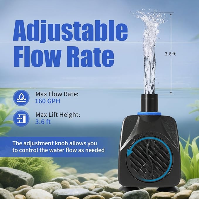 AQUANEAT Small Fountain Pump, 160 GPH Submersible Water Pump for Aquarium Fish Tank, Outdoor Water Fountain, Hydroponics, Pond Filter Pump