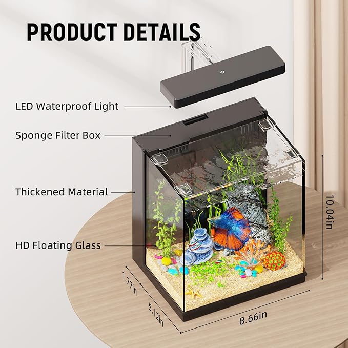 Betta Fish Tank, 2 Gallon Beta Fish Aquariums with Filtration, All-in-One Fish Tanks for Beginners