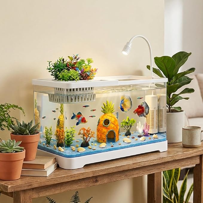4 Gallon Fish Tank Aquarium Starter Kit with Filter and Light, All in One Small Fish Tank for Betta, Kids & Desktop Use, Self Cleaning Nano Aquarium with Lid(Medium White)