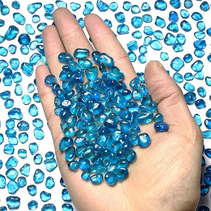 Glass Stones, 1Lb/460g Irregular Sea Glass Pebbles Non-Toxic Artificial Crystal Gemstones for Aquarium Turtle Tank Vase Filler Terrarium Flowerpot Decoration, Lake Blue
