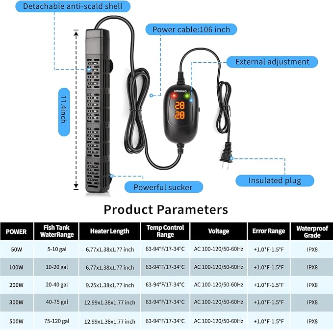 HiTauing Aquarium Heater, 50W/100W/200W/300W/500W Submersible Fish Tank Heater with Over-Temperature Protection and Automatic Power-Off When Leaving Water for Saltwater and Freshwater