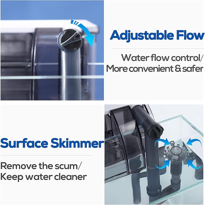 LAQUAL Aquarium Filter with Surface Skimmer, 10 Gallon Small Fish Tank Filter, 3-Layer Filtration, Adjustable Water Flow, Waterfall Design for Increasing Oxygen, Quiet & Efficient Hang on Back Filter