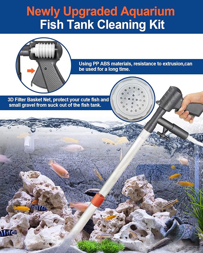 QZQ Aquarium Gravel Cleaner [2026 Edition] Vacuum Fish Tank Vacuum Cleaner Tools for Aquarium Water Changer with Aquarium Thermometers Fish Net kit Use for Fish Tank Cleaning Gravel and Sand