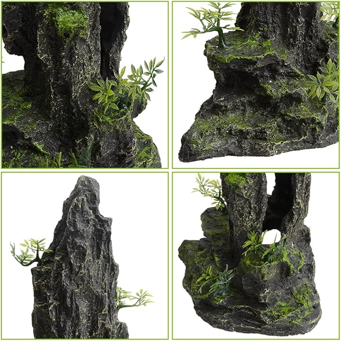 14.4" Tall Aquarium Cave Decor, Large Resin Mountain Hideout with Artificial Plants, Rock Shelter for Betta & Cichlid, Landscape Ornament for 20-40 Gallon Freshwater & Saltwater Tank